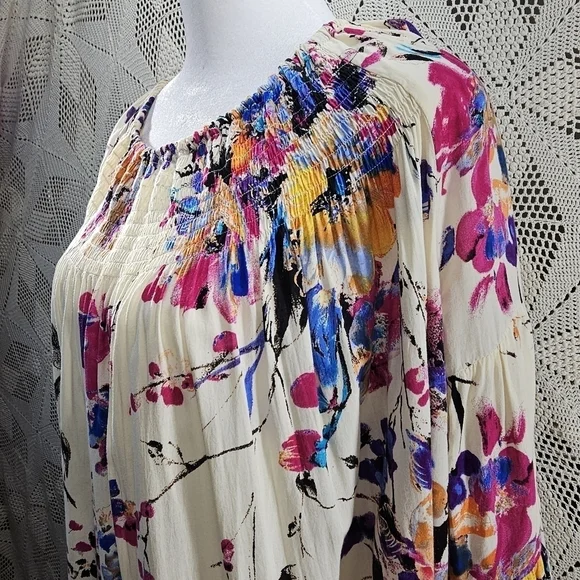 Jodifl, Pom Pom Fringe Tassel, Floral Smocked Draped Watercolor Boho Top large - Picture 8 of 12